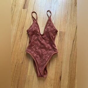 Aerie one piece bathing suit, size XS, plunge v neck, high cut, crochet, rust